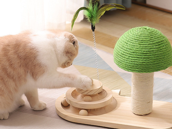 Interactive Mushroom Cat Turntable – Solid Wood Scratching Post & Ball Track Toy for Mental Stimulation & Exercise, Durable Pet Furniture