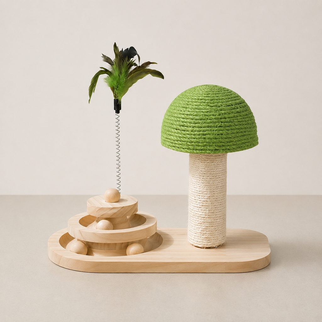 Interactive Mushroom Cat Turntable – Solid Wood Scratching Post & Ball Track Toy for Mental Stimulation & Exercise, Durable Pet Furniture